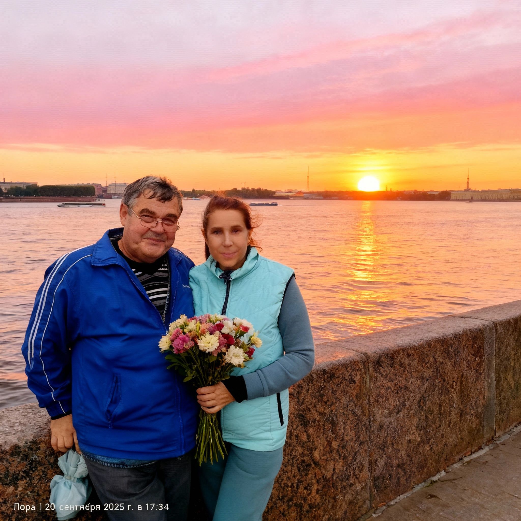Лариса Примоченко – Edit the provided photo of a smiling couple embracing by the stone railing along the Neva River. Have the woman hold …