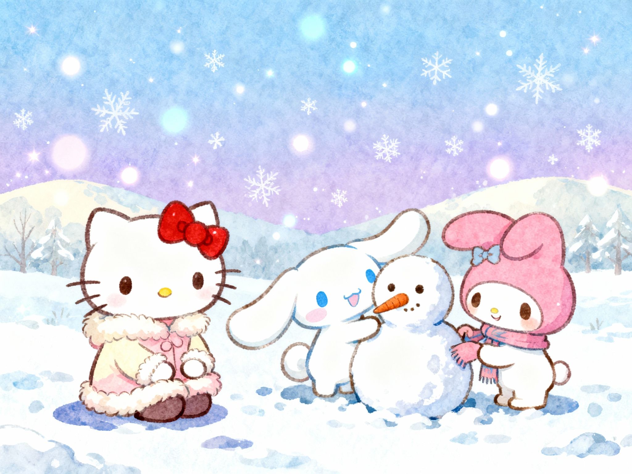 grizzly – Full-bleed 4:3 landscape kawaii Sanrio anime-style wallpaper. Scene: Hello Kitty wearing a fluffy winter coat (soft c…